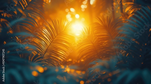 Wallpaper Mural Golden sunlight shining through palm leaves in a tropical forest. Torontodigital.ca