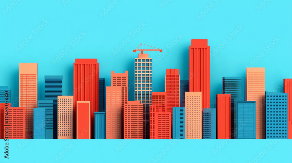 Tower cranes assembling futuristic skyscrapers, symbolizing rapid urban development, clear blue sky background Tower cranes assembling futuristic skyscrapers, symbolizing rapid urban development, clear blue sky background