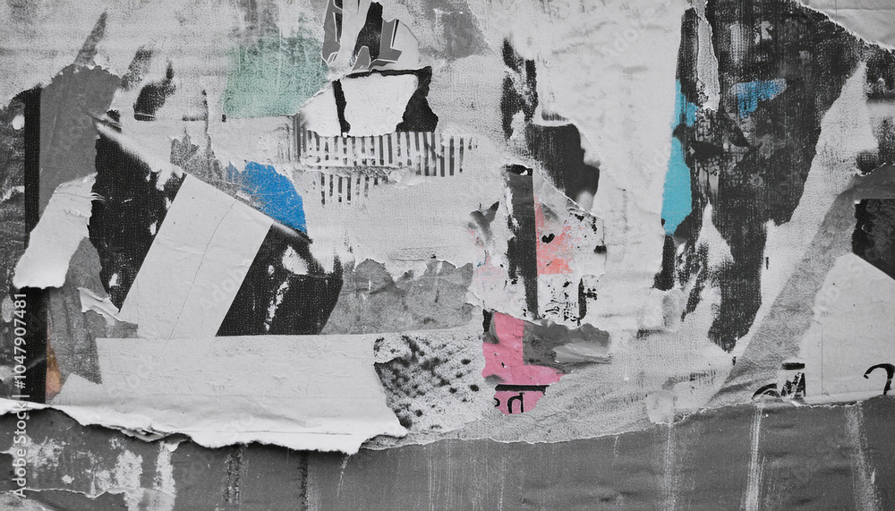 Fototapeta premium Torn paper poster, revealing the layers underneath, creating a vintage and gritty abstract texture