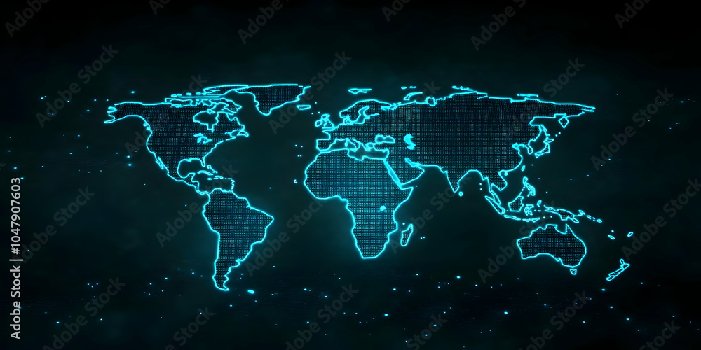 Naklejka premium Glowing Blue Neon World Map Illustration