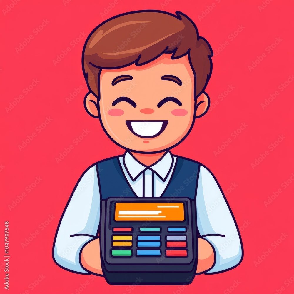A cheerful young cashier holding a cash register, smiling at the viewer. A cheerful young cashier holding a cash register, smiling at the viewer.