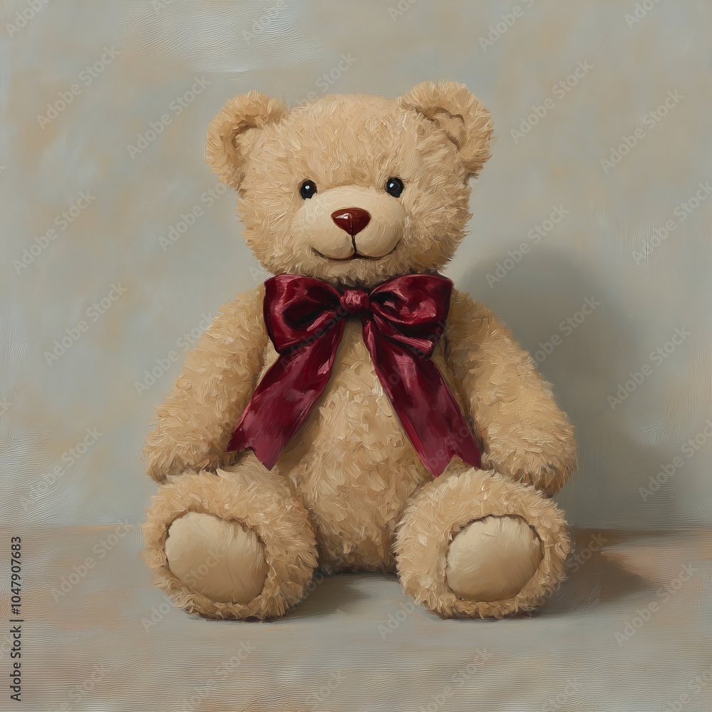 Obraz premium A plush teddy bear with a maroon bow, symbolizing comfort and childhood.