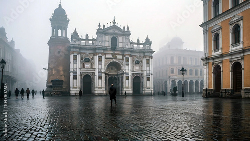 An ancient europe city square enveloped in dense fog. Fog in cities AI Generated #1047907615