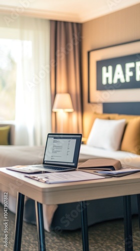 Wallpaper Mural A laptop computer sits on a small desk in a hotel room, with the bed and a window in the background. Torontodigital.ca