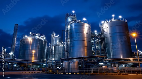 Industrial Complex at Night with Steel Tanks and Bright Lights.