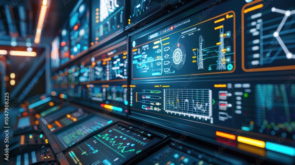 Futuristic Control Room with Multiple Screens Displaying Data and Graphs Futuristic Control Room with Multiple Screens Displaying Data and Graphs
