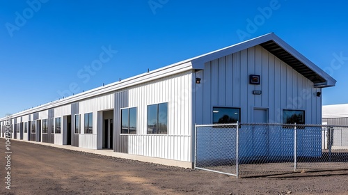 Modern White Metal Building with Windows and Chain-Link Fence.