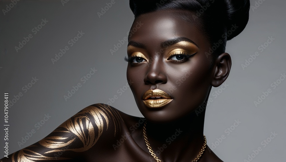 Model with gold makeup poses with intricate body art design. Model with gold makeup poses with intricate body art design.