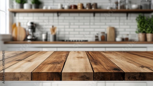 Wood table top on blur kitchen counter (room)background. Modern kitchen. Ultra realistic. Photorealistic photo