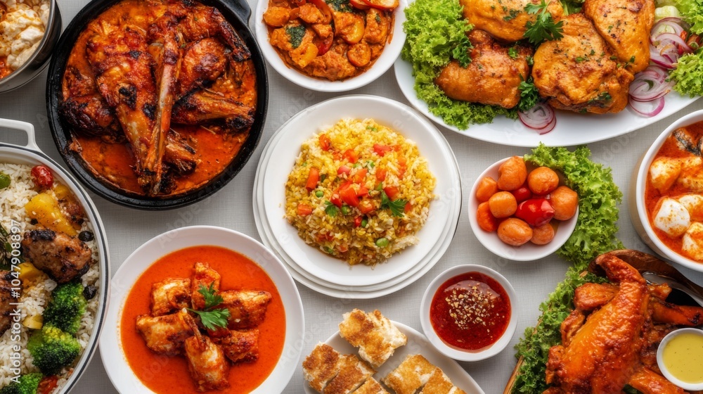 Colorful Dishes Displayed in Festive Environment Colorful Dishes Displayed in Festive Environment