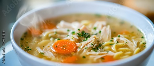 A warm bowl of chicken soup with noodles, carrots, and herbs, emitting steam.