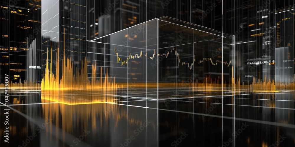 Abstract background with a glowing graph inside a transparent cube in a futuristic city. Abstract background with a glowing graph inside a transparent cube in a futuristic city.