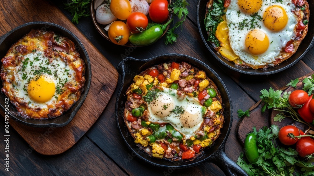 Colorful Breakfast Dishes on Rustic Wooden Table Colorful Breakfast Dishes on Rustic Wooden Table