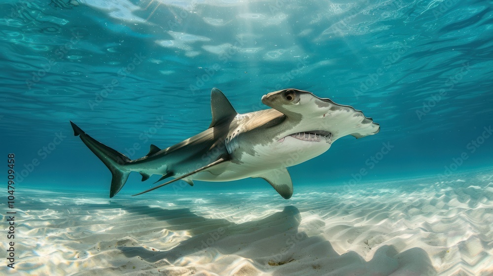 Naklejka premium A Hammerhead Shark Swimming in Shallow Water