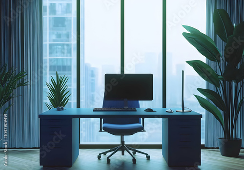 Modern Blue Office with Desk and Computer Setup