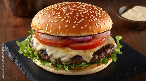 A juicy cheeseburger with lettuce, tomato, and red onion on a sesame seed bun, served on a black slate board.