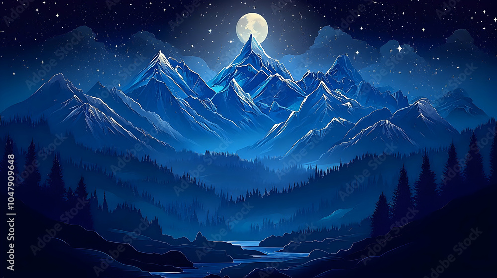 Fototapeta premium Moonlit Mountains Under Starry Sky
