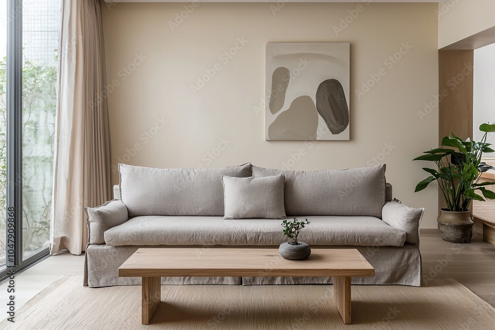 Fototapeta premium Minimalist, a modern minimalist interior in the living room with art frames hanging on the wall and sofas and tables. Generative AI 