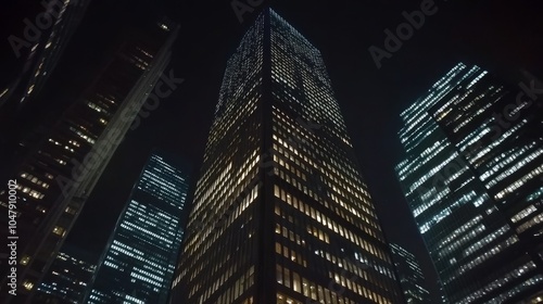 A night view of tall skyscrapers illuminated against the dark sky.