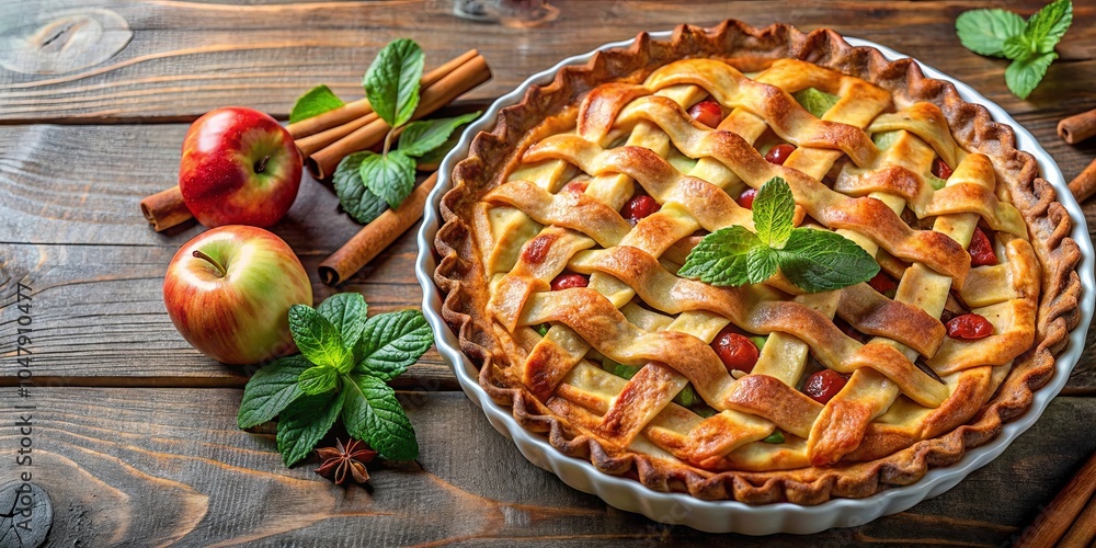 A Homemade Apple Pie with a Lattice Crust, Decorated with Fresh Mint, Apples, and Cinnamon Sticks on a Wooden Table A Homemade Apple Pie with a Lattice Crust, Decorated with Fresh Mint, Apples, and Cinnamon Sticks on a Wooden Table