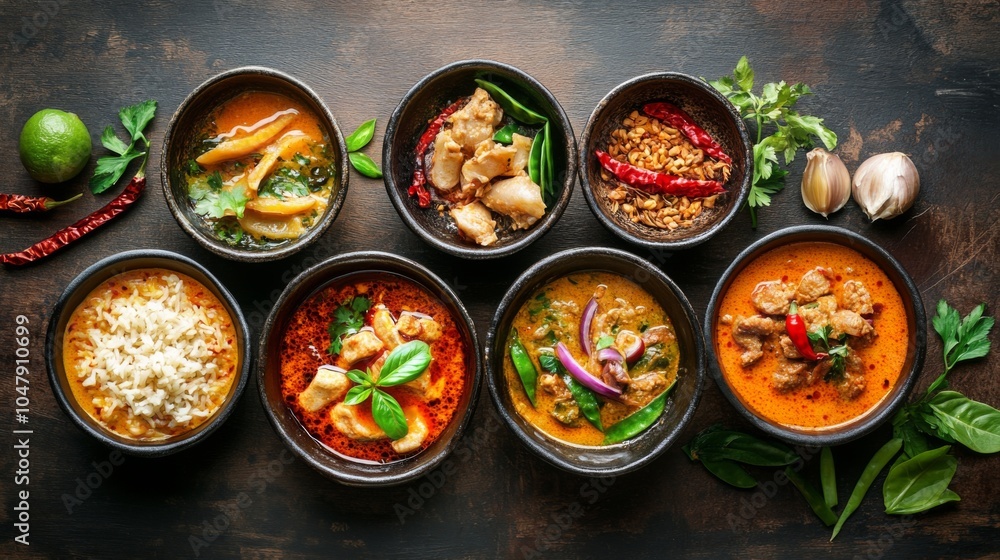 Aromatic Curry Dishes with Vibrant Ingredients on Table Aromatic Curry Dishes with Vibrant Ingredients on Table