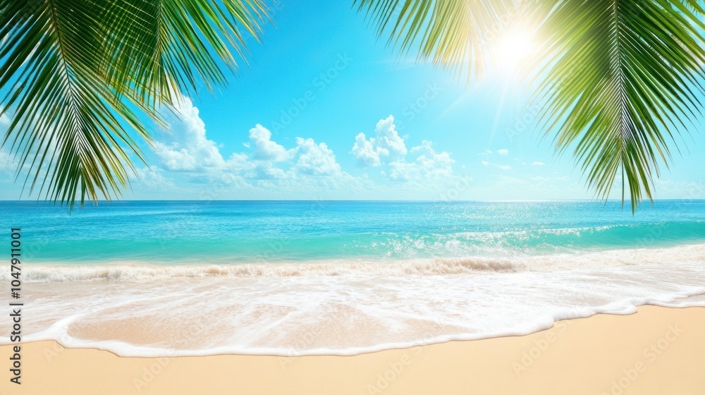 Abstract tropical beach background with floating palm leaves and soft warm sunlight, creating a sunny atmosphere, isolated on white Abstract tropical beach background with floating palm leaves and soft warm sunlight, creating a sunny atmosphere, isolated on white