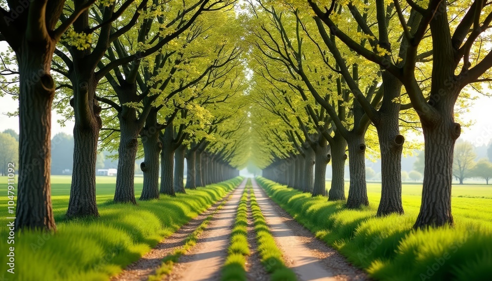 Naklejka premium A serene pathway through a lush tree tunnel