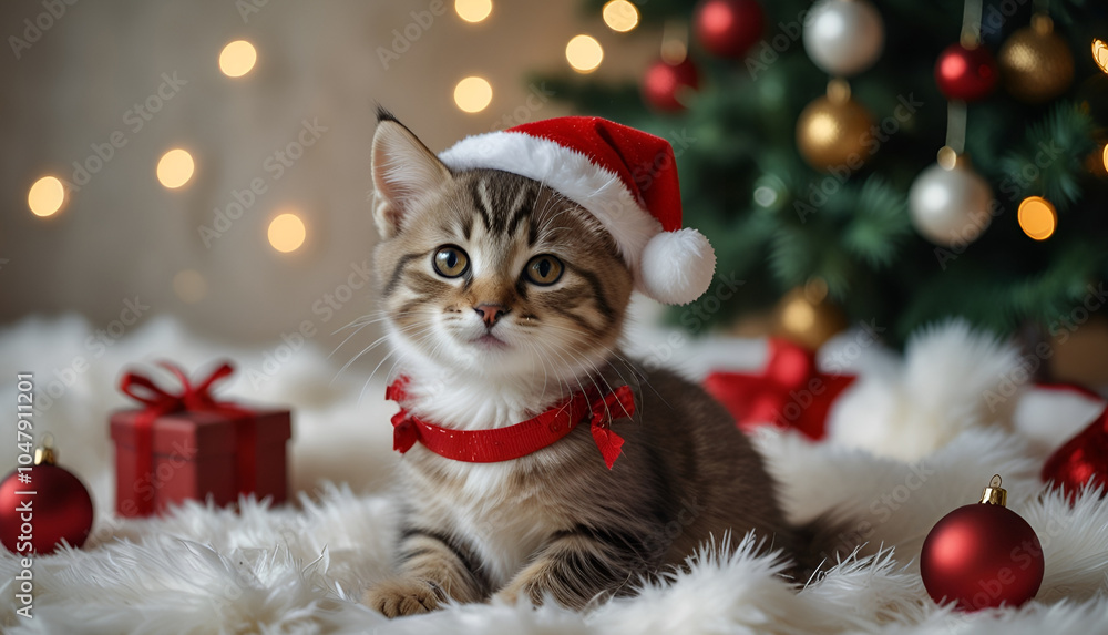 Cute cat wearing santa hat with christmas lighting blur background, christmas party cat in home. Generative Ai Cute cat wearing santa hat with christmas lighting blur background, christmas party cat in home. Generative Ai