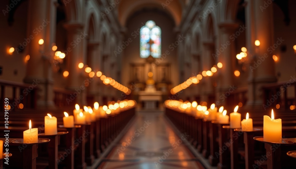 Elegant church interior with rows of lit candles Elegant church interior with rows of lit candles