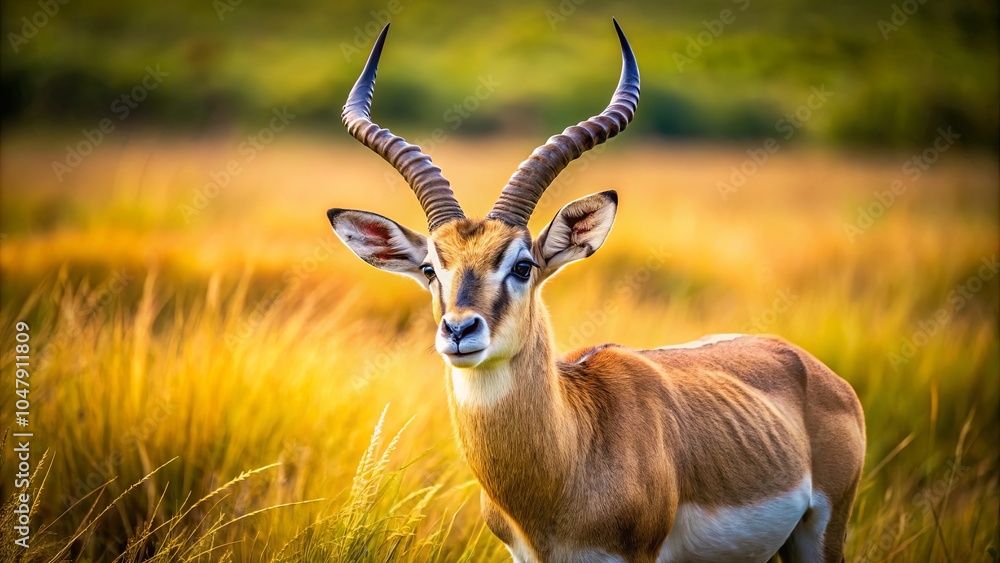 Naklejka premium A graceful antelope stands amidst the golden hues of a sun-drenched meadow, its long, spiraled horns reaching towards the sky, a symbol of wild beauty and resilience.