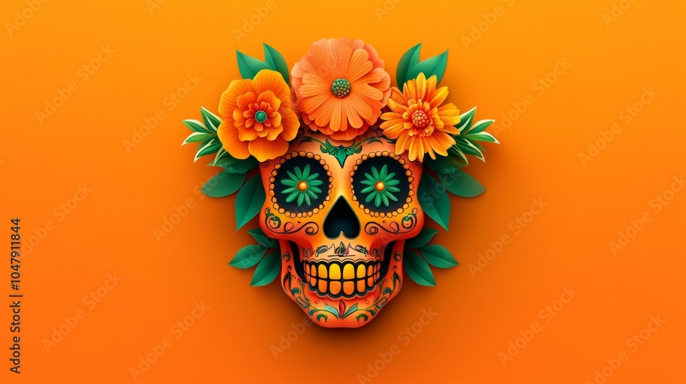 A vibrant, decorated skull adorned with flowers against an orange background, symbolizing the Day of the Dead celebration. A vibrant, decorated skull adorned with flowers against an orange background, symbolizing the Day of the Dead celebration.