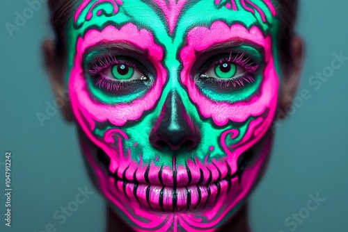 A vibrant face adorned with colorful skull makeup, showcasing intricate designs in pink and green against a contrasting backdrop.