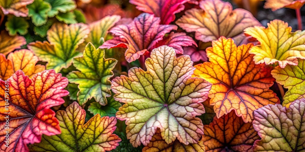 Fototapeta premium A close-up view of a collection of leaves, their surfaces displaying a kaleidoscope of reds, yellows, greens, and browns, creating a breathtaking tapestry of autumnal hues.