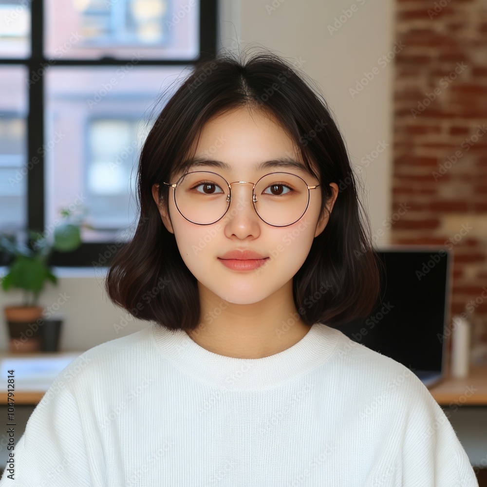 A young woman with glasses poses in a bright, modern workspace. A young woman with glasses poses in a bright, modern workspace.