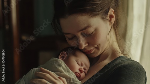 A mother holding her newborn close to her chest, eyes closed in a moment of pure bonding