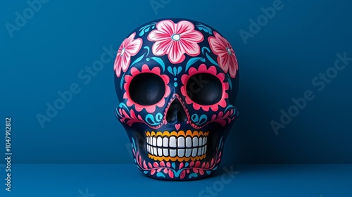 A colorful, decorative skull adorned with vibrant flowers, symbolizing the Day of the Dead tradition celebrating life and honoring deceased loved ones.