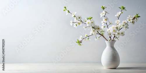 Symmetrical still life photo of ceramic vase with white cherry blossoms on white table against white background in bright natural light