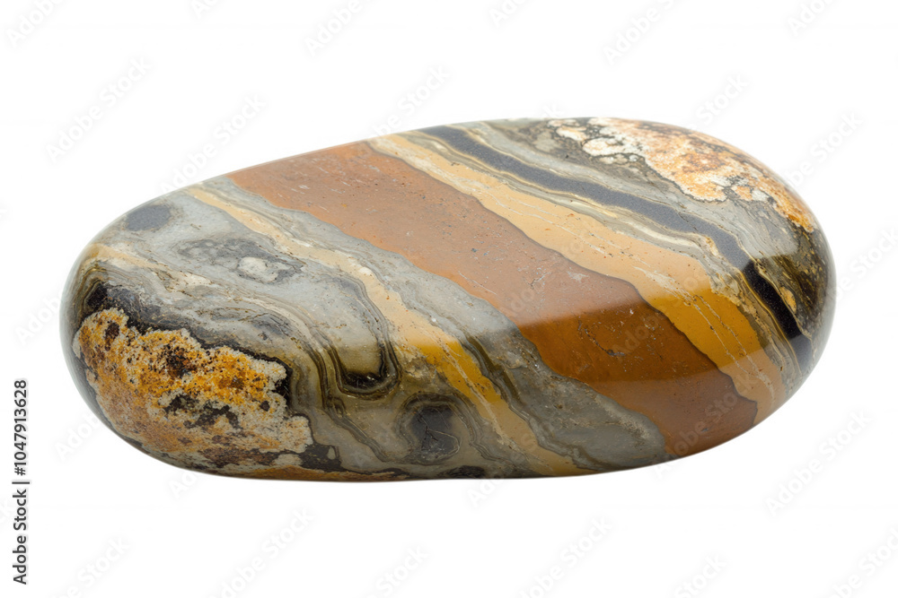 Obraz premium A polished stone featuring beautiful bands of brown, gray, and orange, showcasing unique natural patterns and textures.