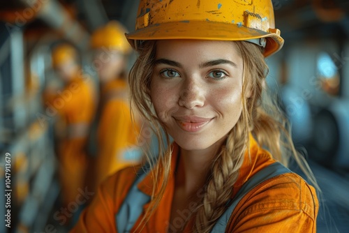 confident female engineer with team at construction site, wearing helmet and workwear, smiling