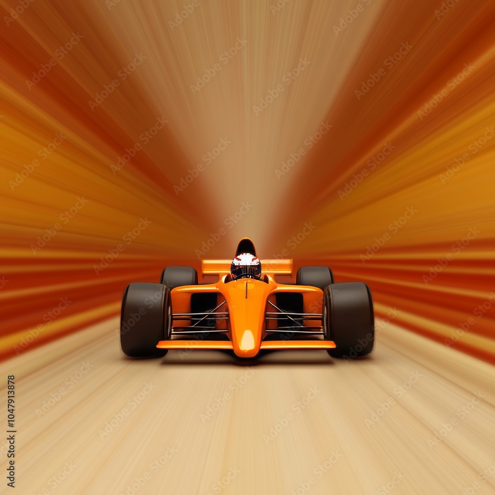 Naklejka premium A dynamic orange race car speeding through a vibrant, blurred background.