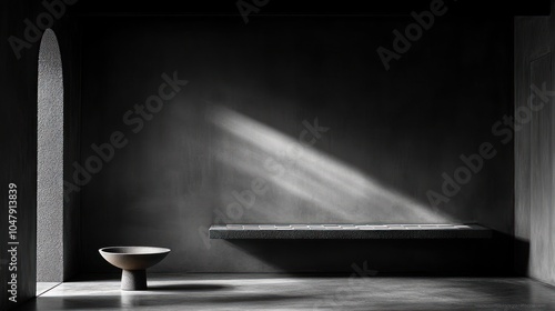 Minimalist interior with a single bowl and shelf illuminated by sunlight.