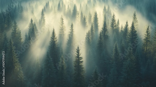 Misty sunrise over a dense forest of tall evergreen trees.