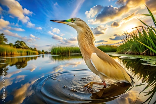 Squacco Heron Ardeola ralloides fishing in a lake with a fisheye lens photo