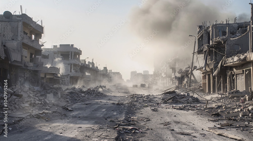 Fototapeta premium Desolate War-Torn Urban Scene with Rubble, Smoke, Abandoned Structures, and a Serene Clear Sky