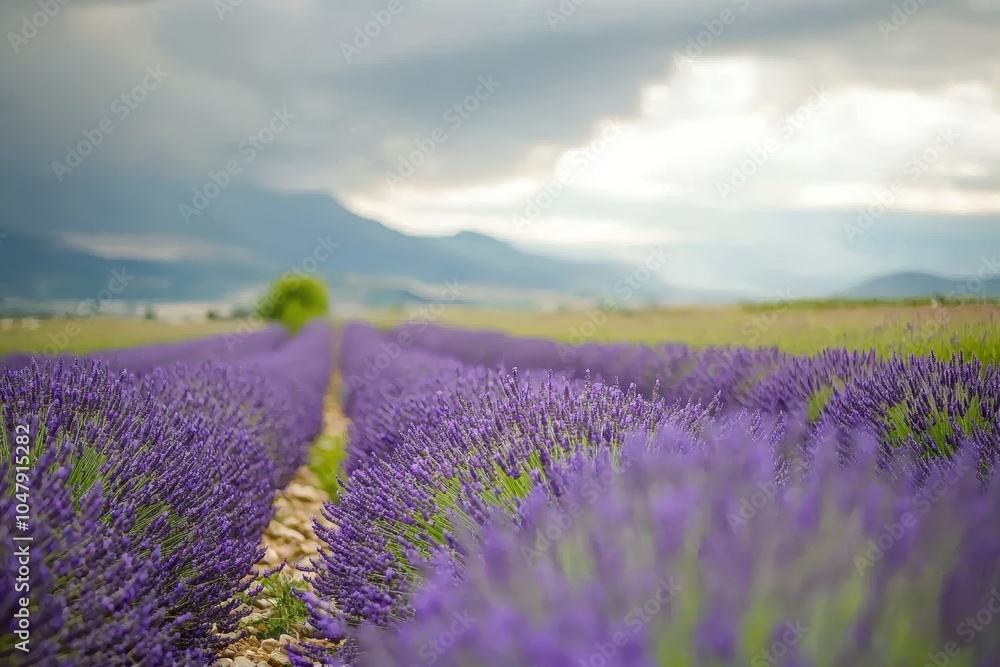 Fototapeta premium Serene Lavender Field Under Dramatic Clouds