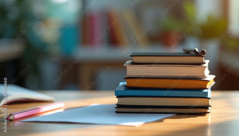 A stack of books on a desk symbolizing knowledge and learning A stack of books on a desk symbolizing knowledge and learning