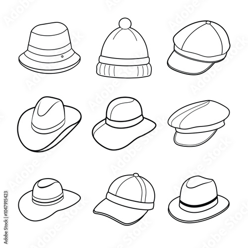 Stylish Hats Line Art Collection – Wide-Brim, Fedora, Beanie, Beret, Sun Hat, Visor, and More