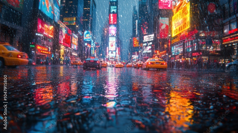 Naklejka premium Rainy Times Square with vibrant lights reflecting on wet pavement.