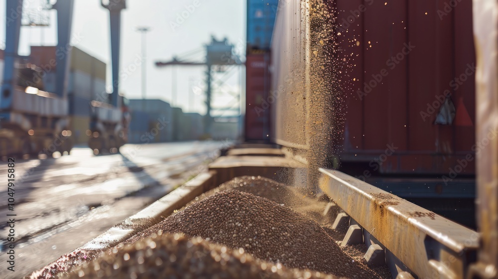 Gravel Pouring from a Cargo Container at a Shipping Port Gravel Pouring from a Cargo Container at a Shipping Port