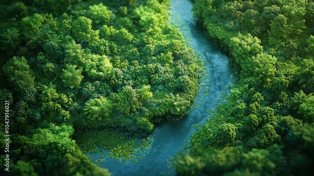 Fototapeta premium Lush Green Forest with Winding River Aerial View